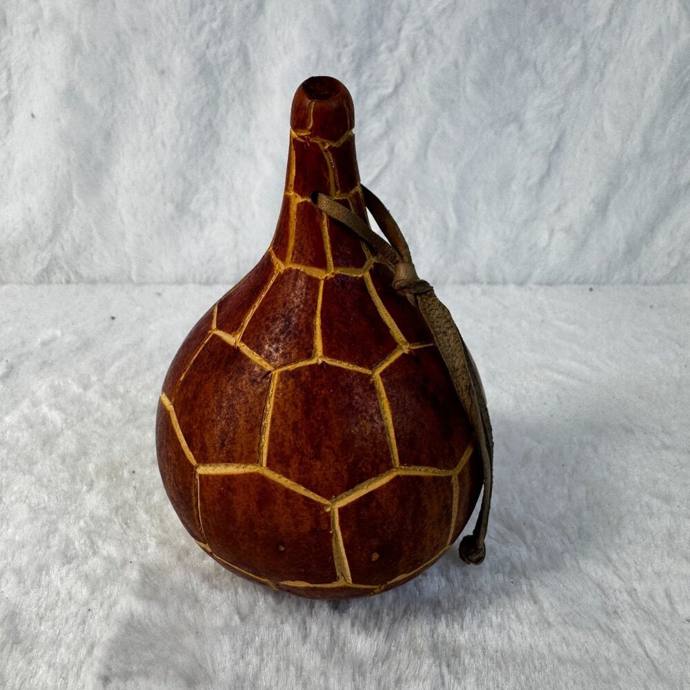 Hand-Carved Kenyan Gourd With Leather Strap 10" Tall Decorative Accent Piece